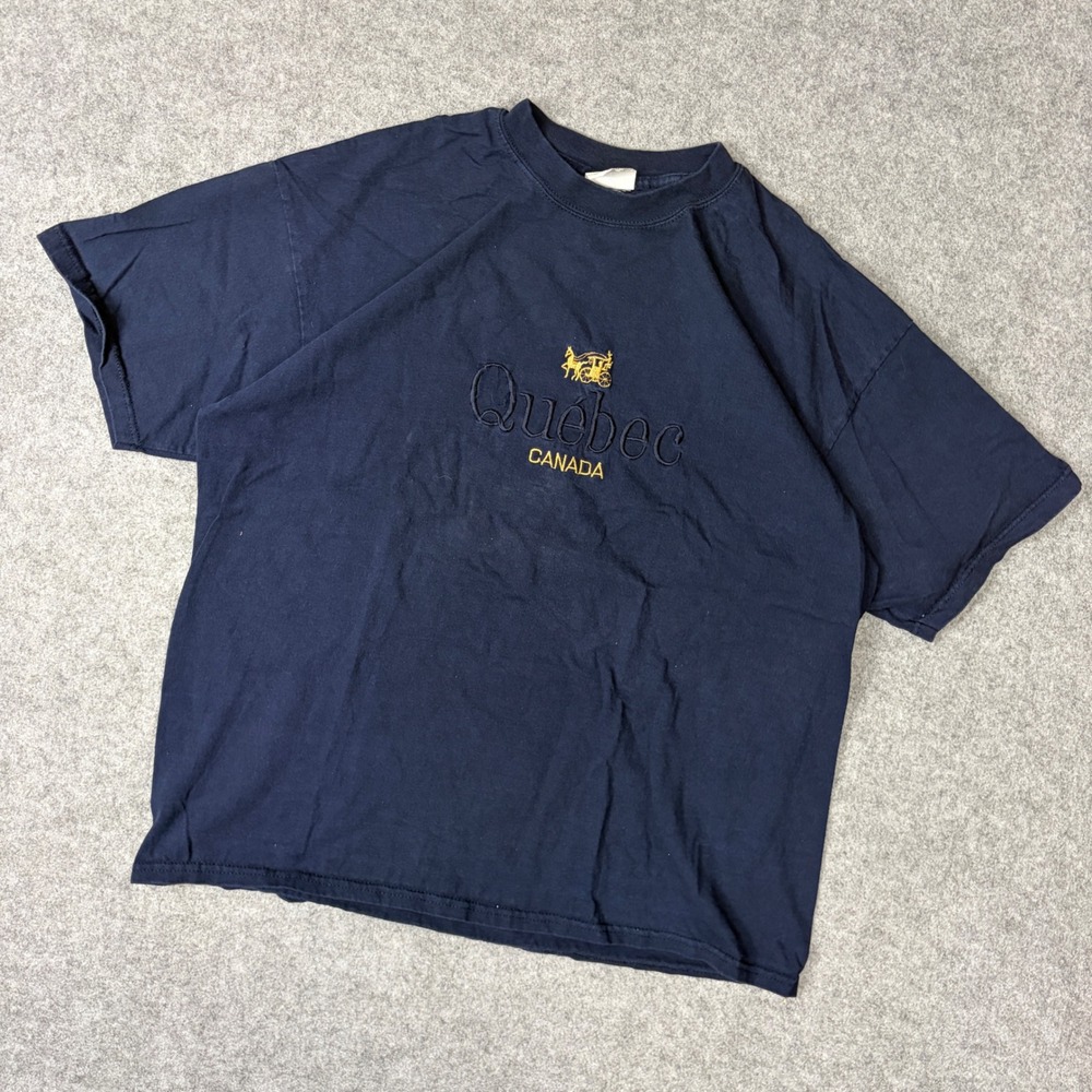 Vintage Souvenir Quebec Canada T-Shirt Navy Blue Embroidered Heavy Cotton XL